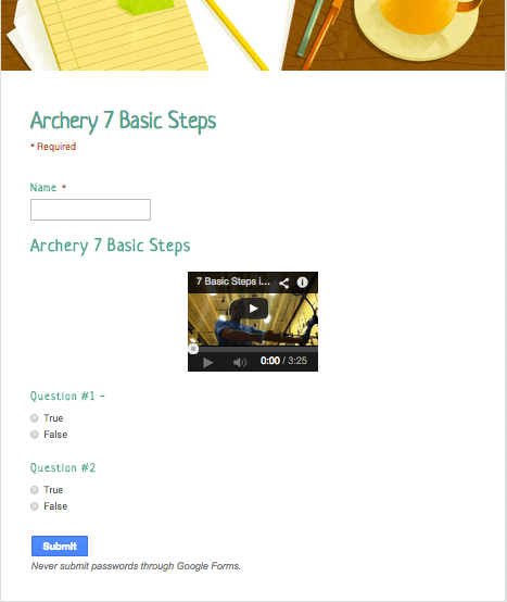 Archery flipped video quiz - with multiple choice questions.